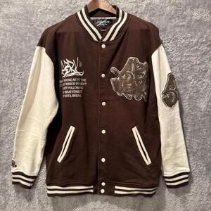 Soulbreak Varsity Jacket Sz Large Brown Fleece Embroidered